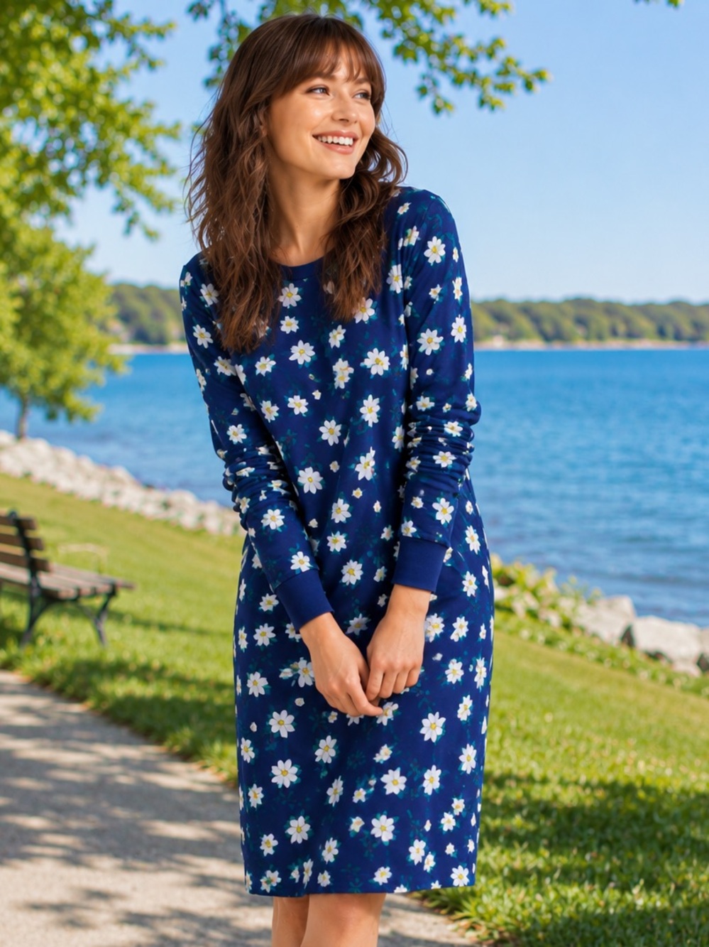 Draper James Magnolia Sweatshirt Midi Dress Blue White Floral Cotton Plus 1X